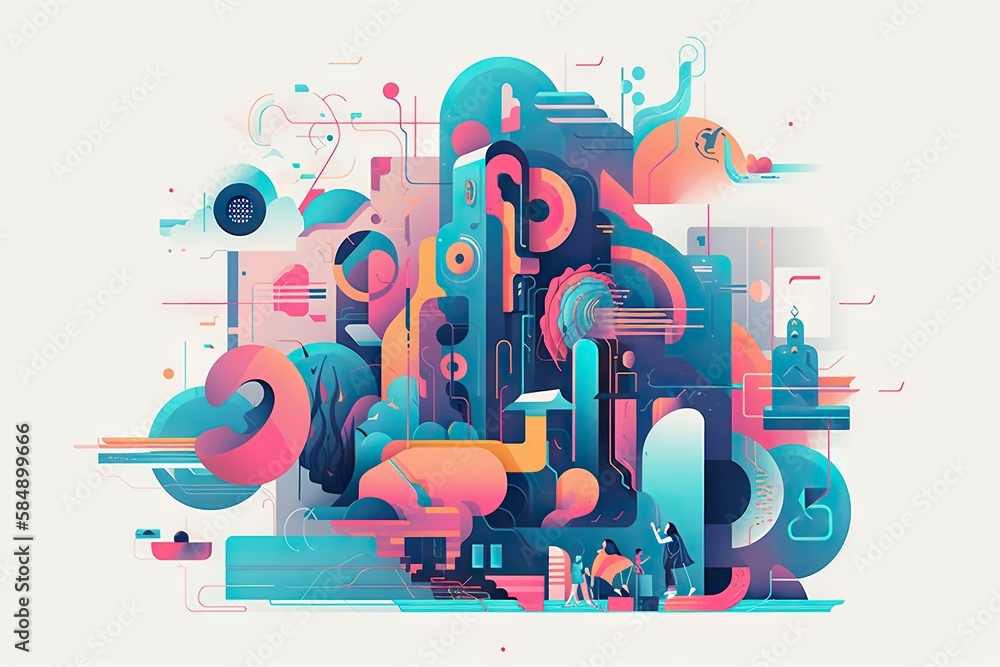 Poster a colorful abstract artwork with a man standing in front of it factory typography motion graphics ge