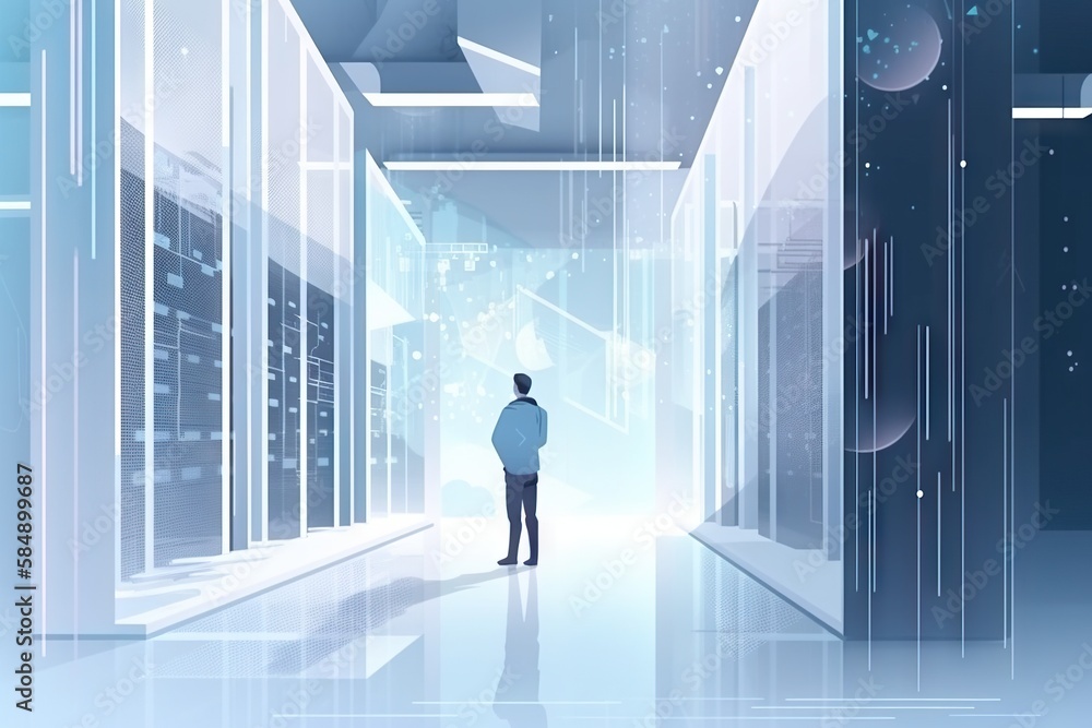 Poster a man standing in a hallway between two servers in a data center factory animation database manageme