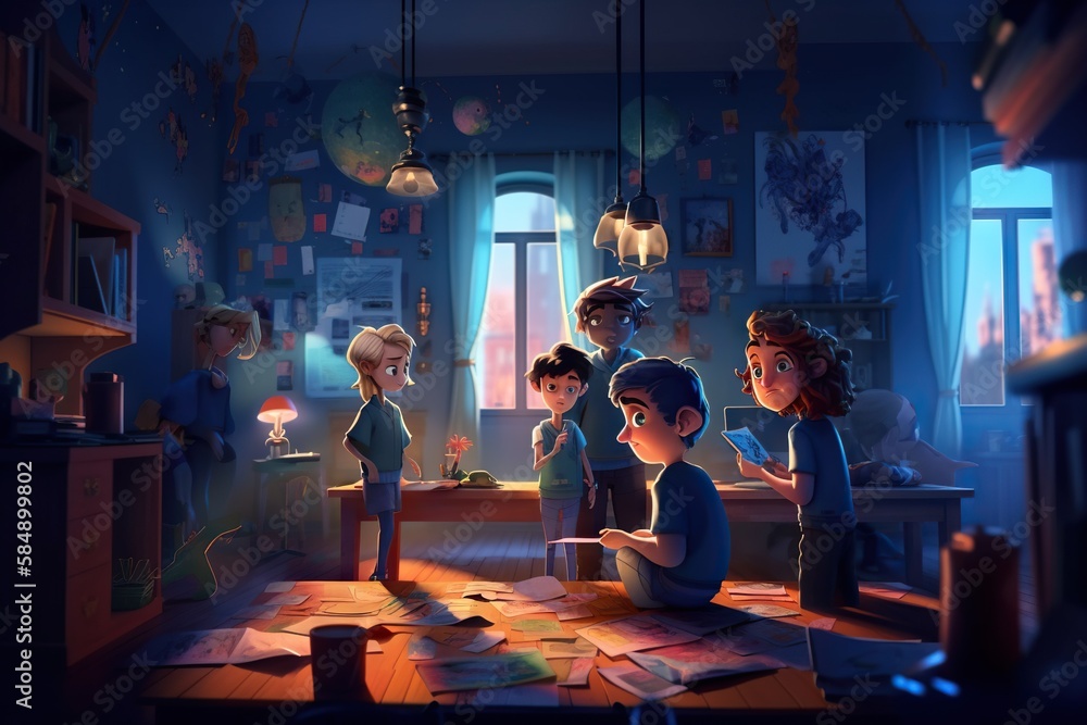 Poster a group of children standing around a room with a lamp on classroom animation animation filmmaking g