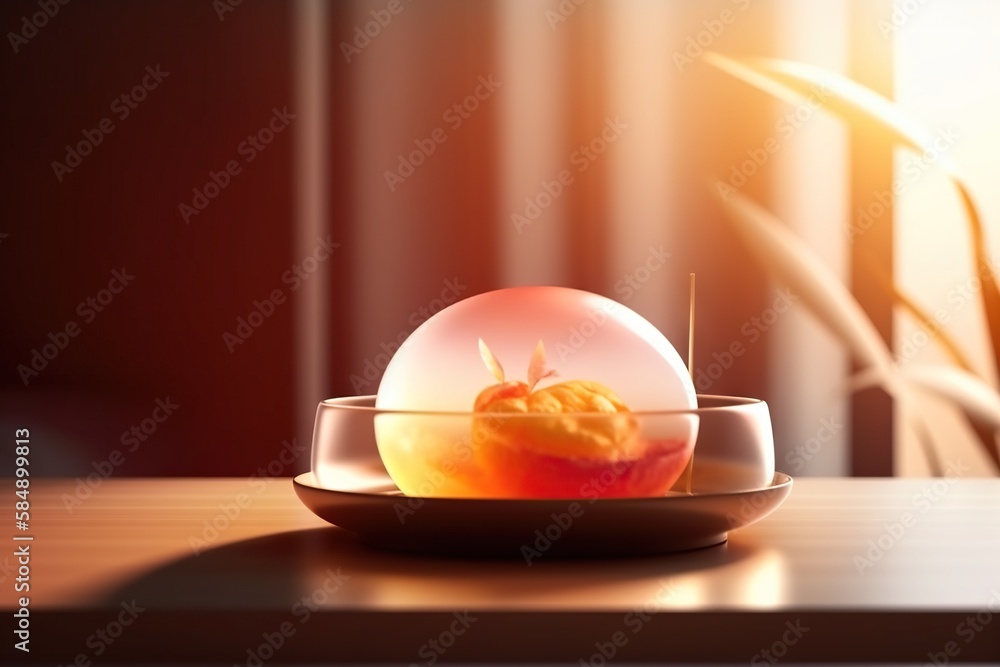 Poster a bowl with a small orange inside of it on a table volcano kinetic art motion graphics generative ai