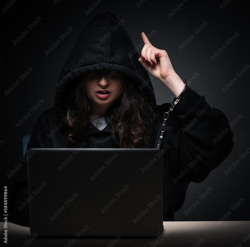 Poster female hacker hacking security firewall late in office