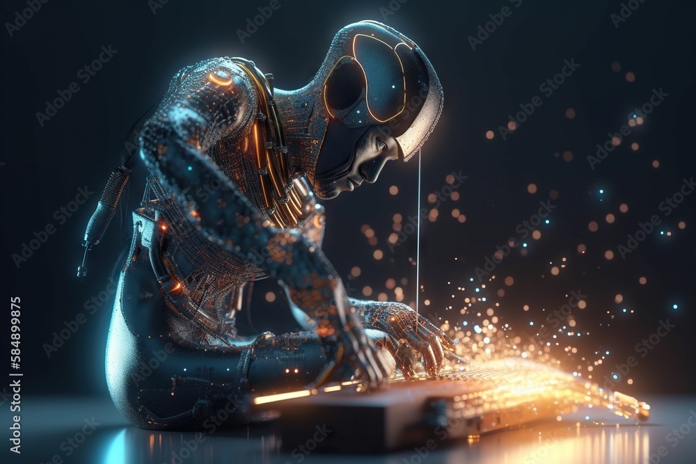 Poster a robot is using a laptop computer with a glowing light coming out of it workshop animation robotics