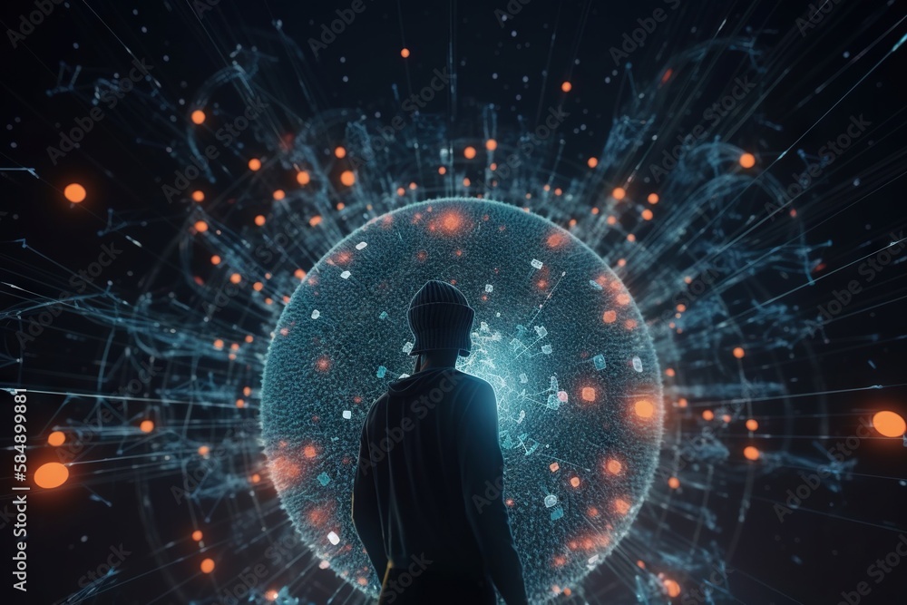 Poster a man standing in front of a large circular object with many dots factory animation motion graphics 