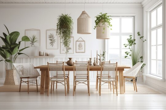 Wicker furnished coastal dining room. White wall mockup with warm house setting. Hamptons illustration. Generative AI