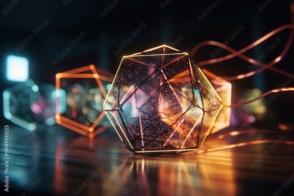 Poster a glass vase with a string of lights in the background and a blurry background nightclub kinetic art
