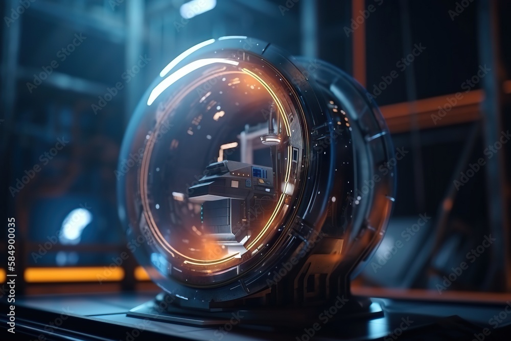 Poster a futuristic clock with a glowing display in the middle of it factory animation motion graphics gene