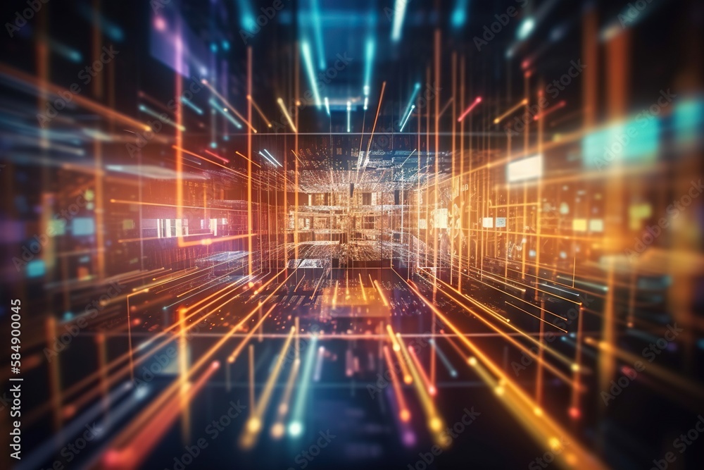 Poster a very colorful and abstract photo of a room with lights and lines workshop video art supply chain o