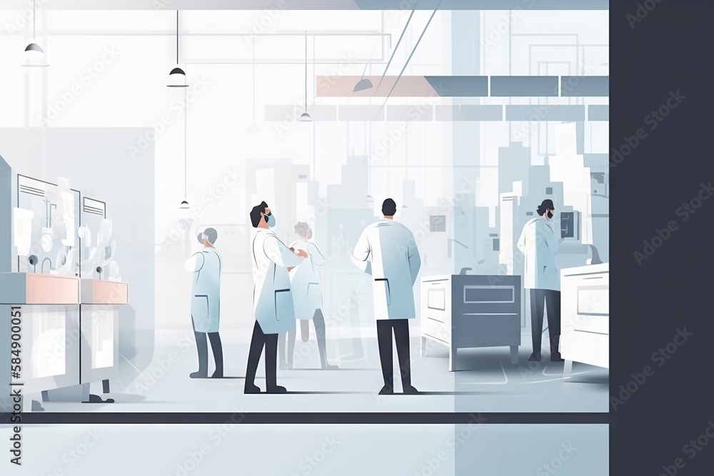 Aufkleber a group of people in lab coats standing around a table with a microscope factory animation manufactu