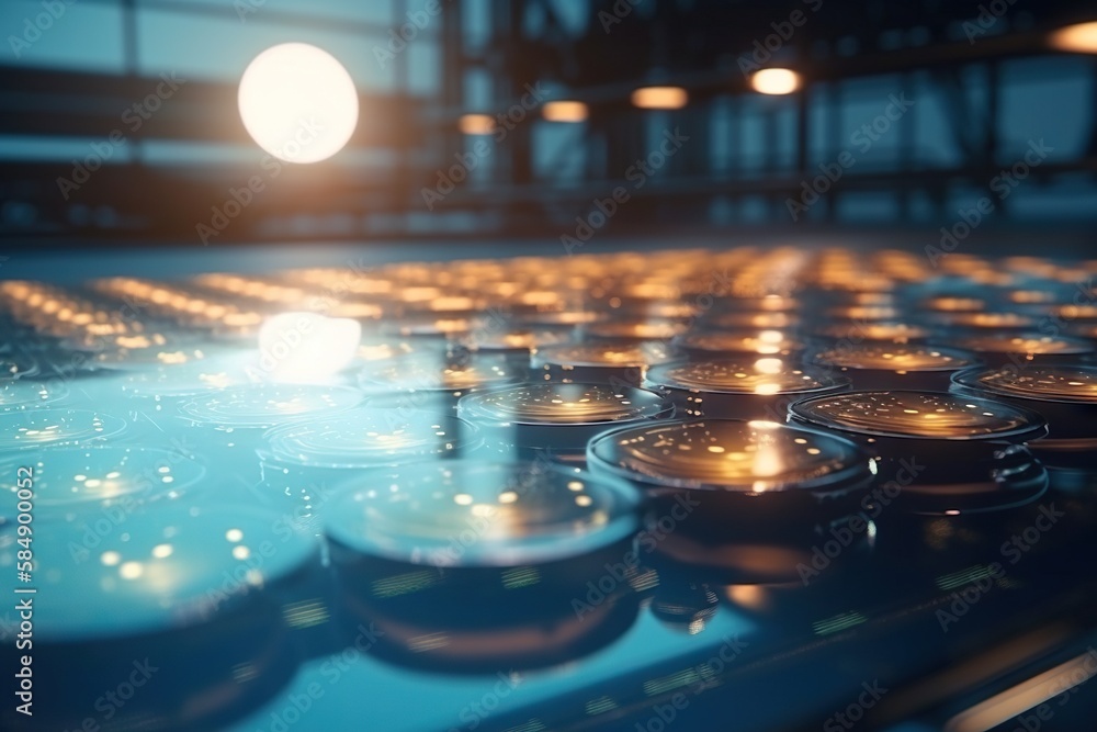 Poster a close up of a bunch of buttons on a table with a light in the background solar farm animation moti