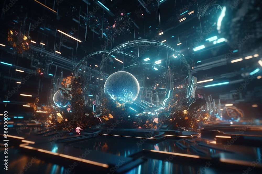 Poster a futuristic scene with a large crystal ball in the center of the room arcade animation motion graph