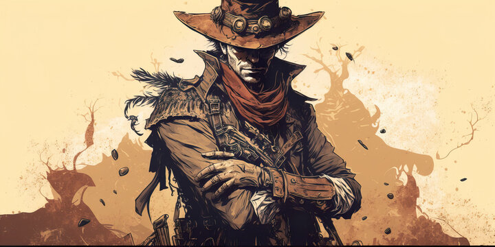 Wild West Gunslinger with Six-Shooter and Cowboy Hat Generative AI