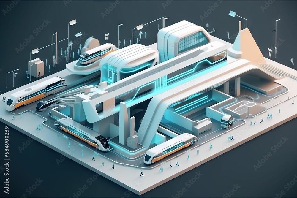 Poster a futuristic city with a train on the tracks and a train station subway station animation motion gra