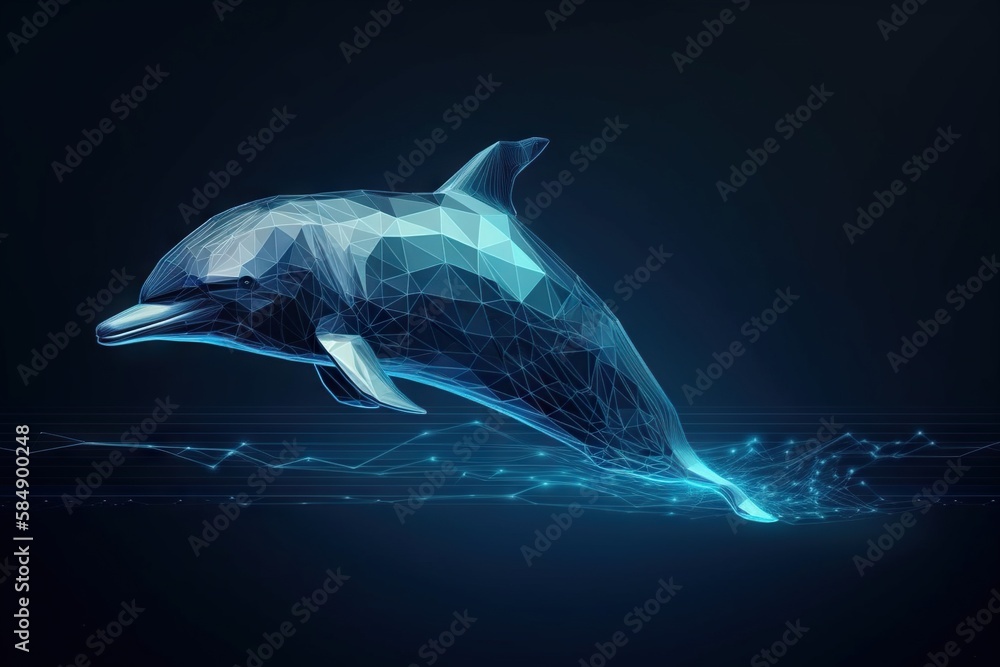 Poster a dolphin is jumping out of the water with a blue background aquarium graphic design computer graphi