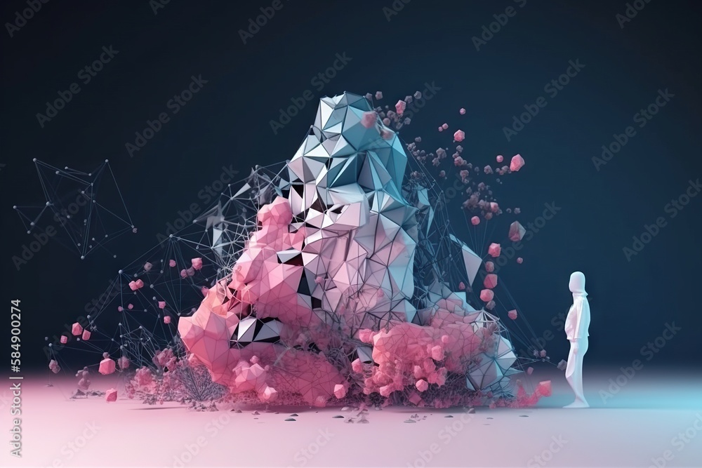 Poster a person standing in front of a pile of pink and blue objects volcano animation motion graphics gene