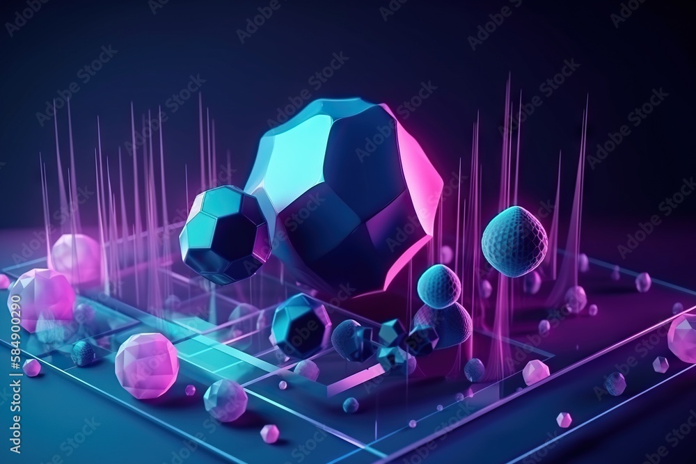 Poster a futuristic object with many different shapes and sizes on it including a ball and a wire lunar lan