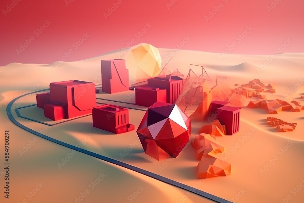 Poster a computer generated image of a desert with a red object in the middle desert animation motion graph