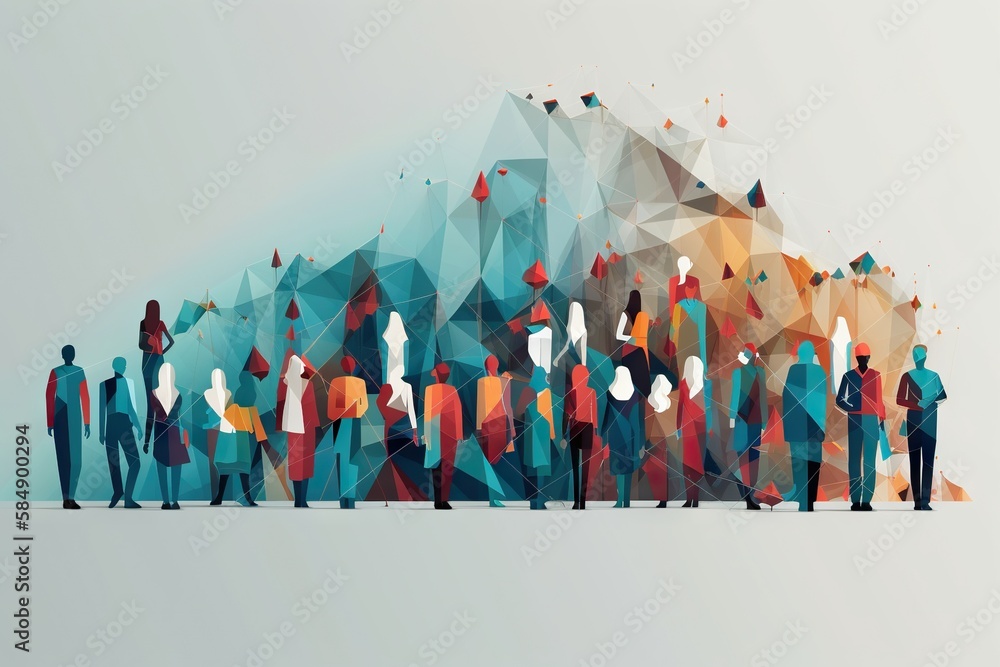 Poster a group of people standing in front of a mountain with a geometric design factory graphic design cro