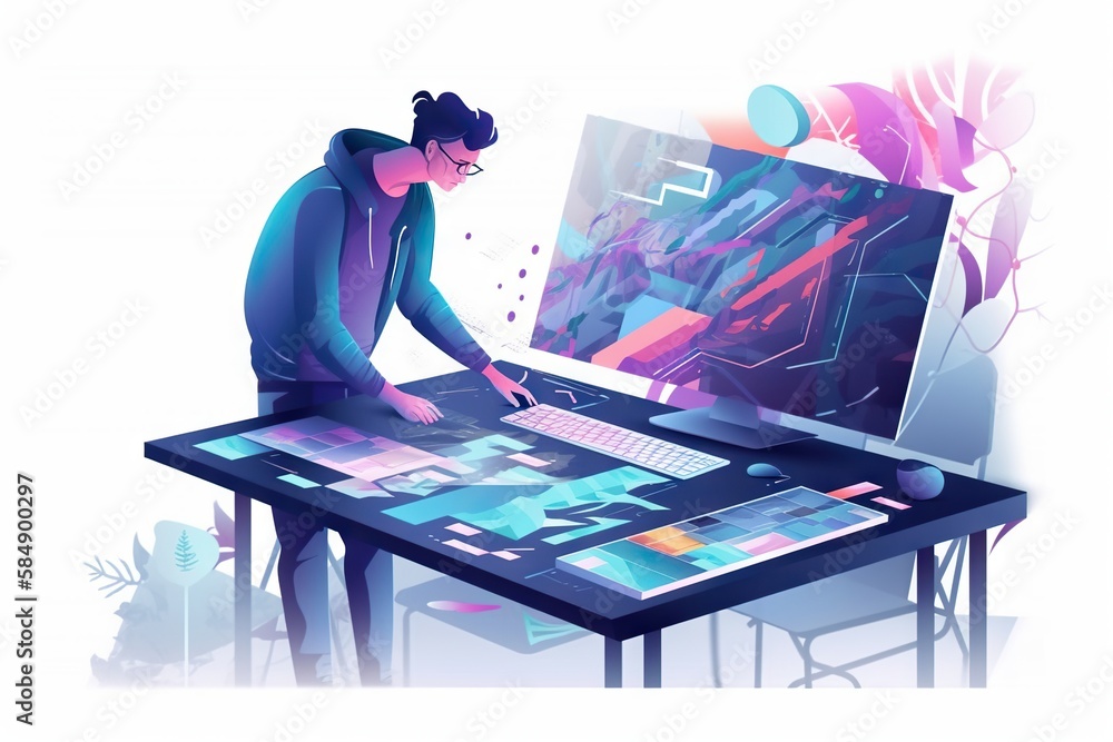 Poster a person standing at a desk with a computer on it and a screen on it workshop animation motion graph