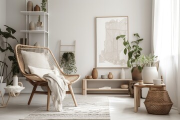 Sitting area with white mock up frame, wooden shelf, vintage chair, gray macrame, plants, lavender, rattan basket, and stylish accessories. Decoration. Template. Generative AI