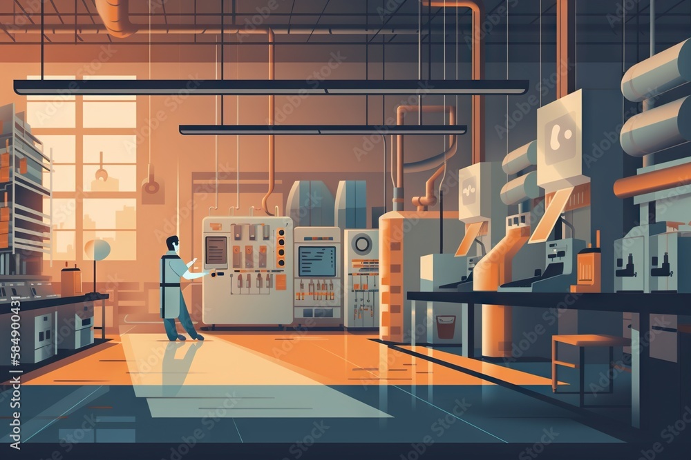 Poster a man standing in a factory with a machine in the background factory animation manufacturing generat