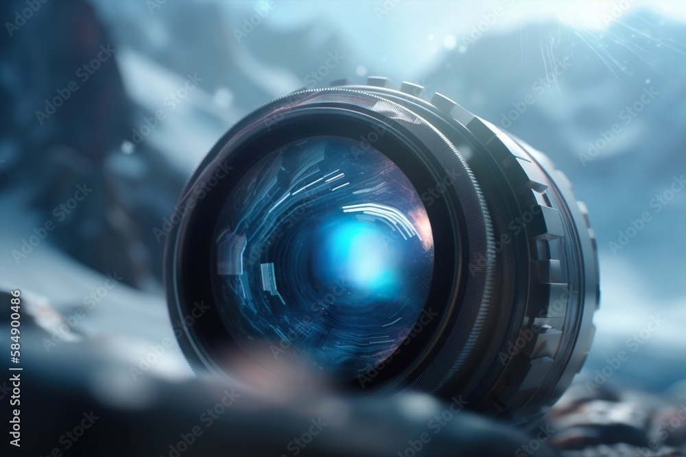 Poster a camera lens with a blue light shining in the center of it tundra photorealism motion graphics gene