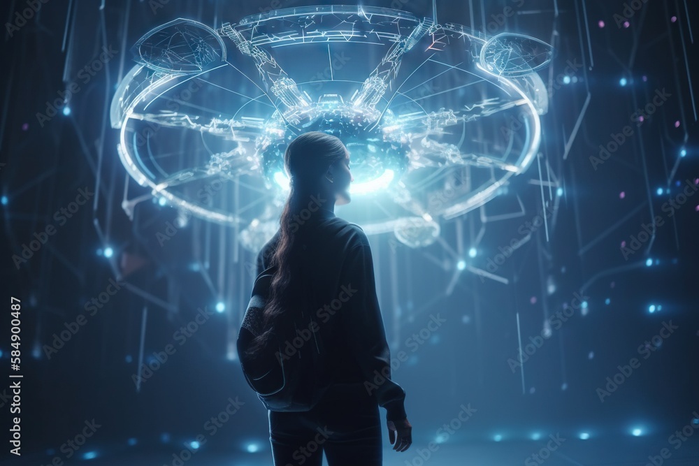 Aufkleber a woman standing in front of a futuristic object in the dark science museum animation robotics engin