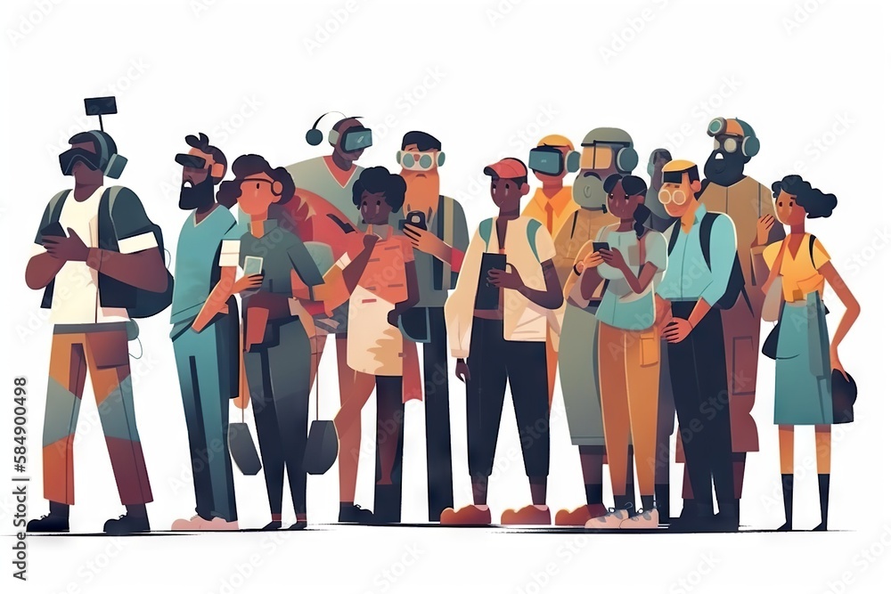 Poster a group of people standing next to each other in front of a white background factory animation motio