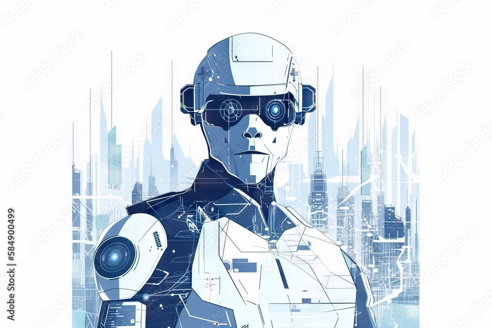 Poster a man in a futuristic suit with a futuristic city in the background factory animation robotics engin