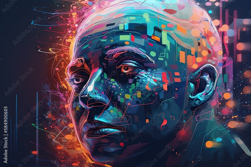 Poster a digital painting of a man's face with colorful lines and dots factory fauvism artificial intellige