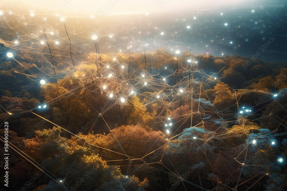 Poster a computer generated image of a forest with many lights on it forest panoramic photography network e