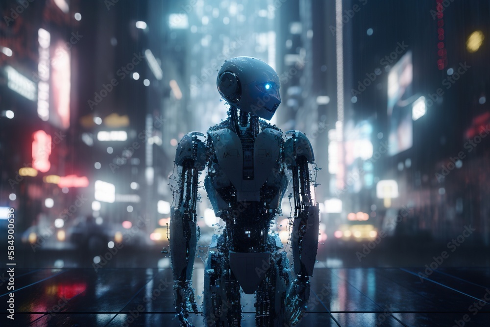 Poster a robot standing in a city at night with a lot of lights factory animation robotics engineering gene