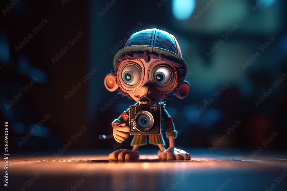 Poster a cartoon character holding a camera in a dark room with a light on zoo photorealism animation filmm