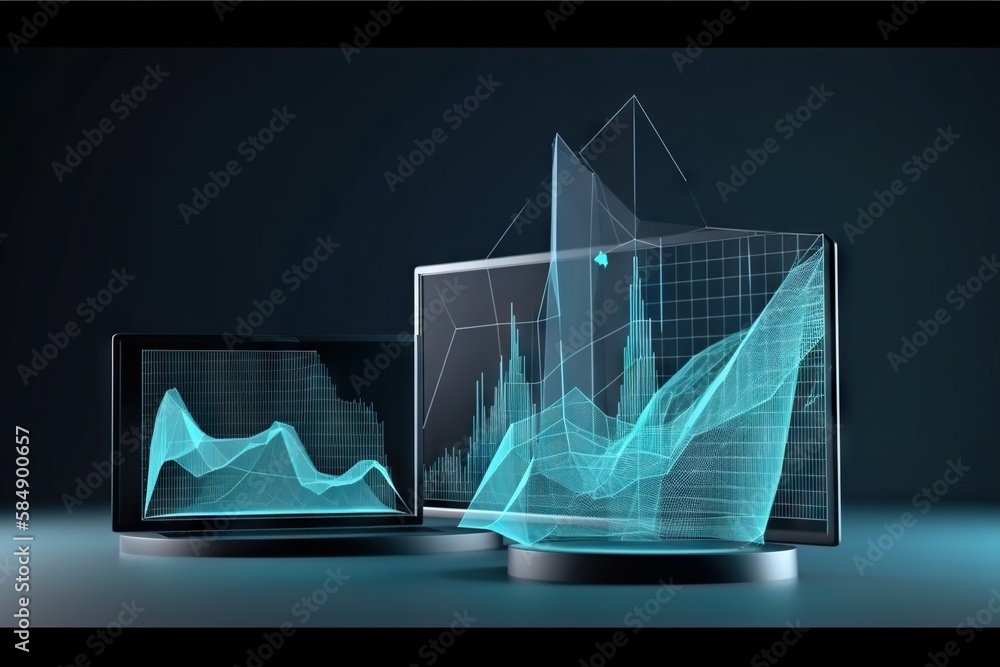 Poster a monitor and a tablet with a graph on it and a glass case conference room video art data analytics 
