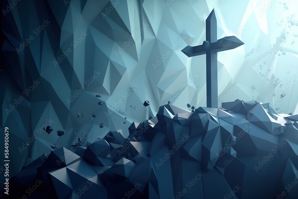 Poster a cross on a mountain with a sky background and low poly shapes cemetery gothic 3d modeling generati