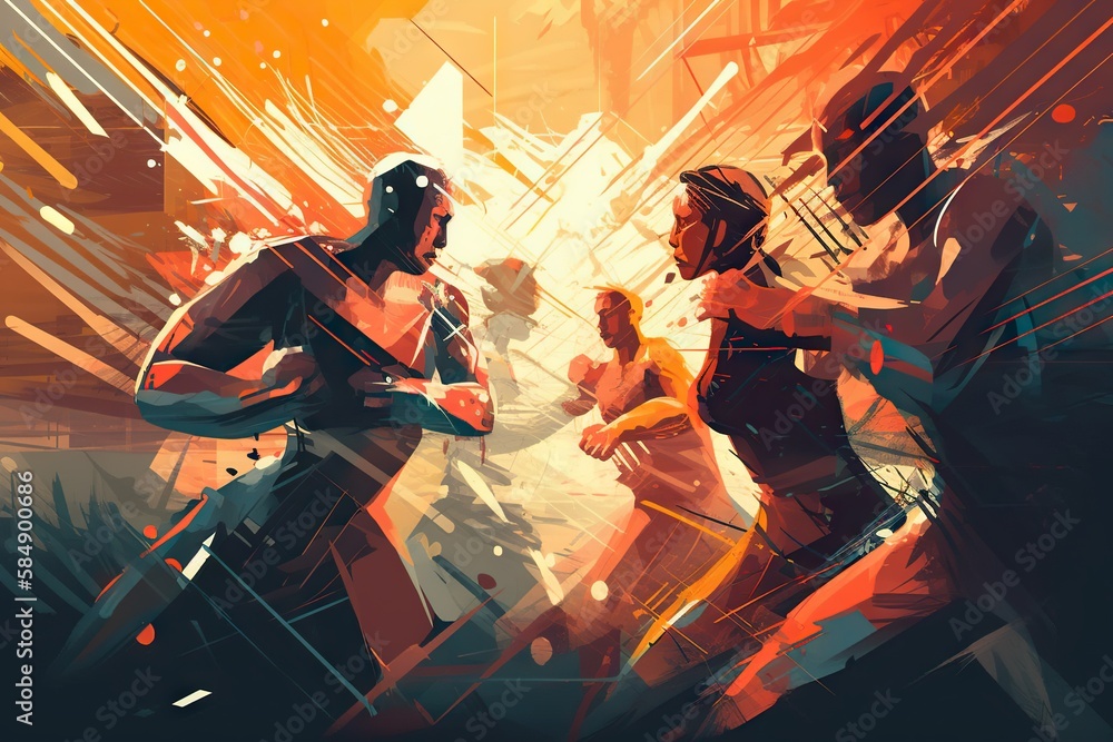 Aufkleber a painting of two people running in a race with a bright background martial arts studio animation mo