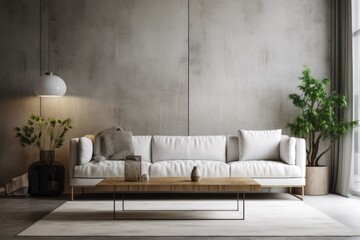 Fototapeta na wymiar White couch over concrete wall living room design. Elegant home decor. Generative AI