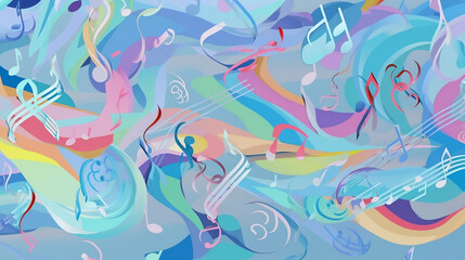 Abstract musical themed background with instruments and musical notes against flowing colors