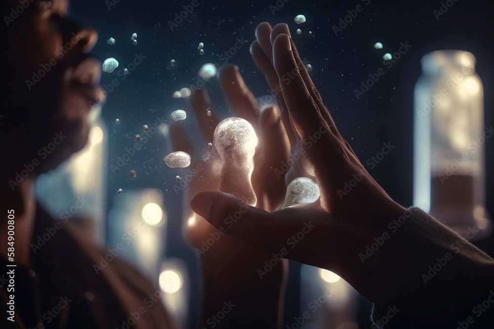 Poster a man holding a small white object in his hands with bubbles floating around aquarium animation moti