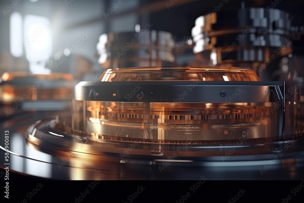 Poster a close up of a metal object with a blurry background factory photorealism motion graphics generativ