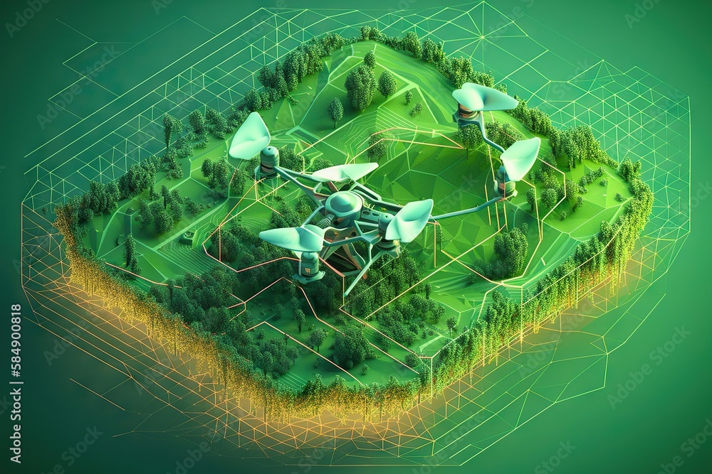 Poster a computer generated image of a green island with trees and wind mills solar farm environmental art 