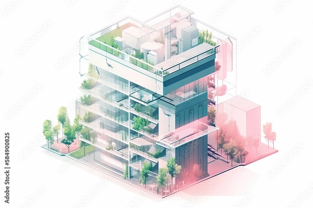 Poster a building with a lot of trees on top of it and a lot of windows urban rooftop garden photorealism e