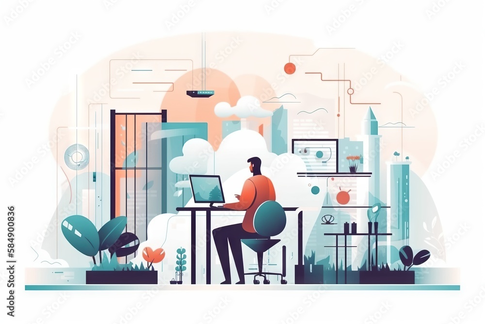 Poster a man sitting at a desk in front of a laptop computer modern city skyline in the morning graphic des