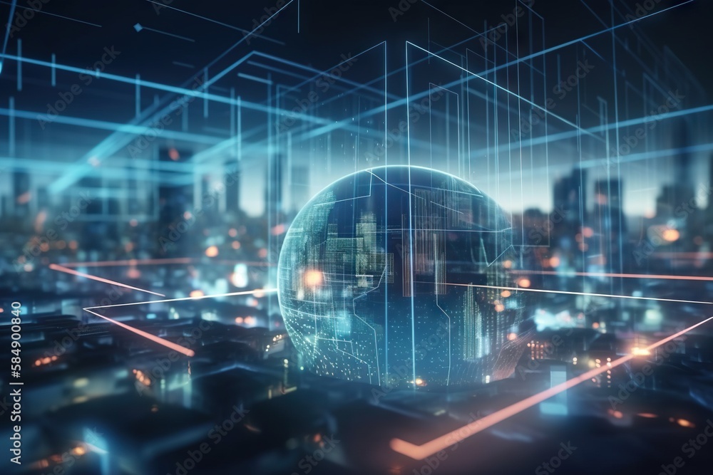 Poster a futuristic city with a large sphere in the middle of it factory animation supply chain optimizatio