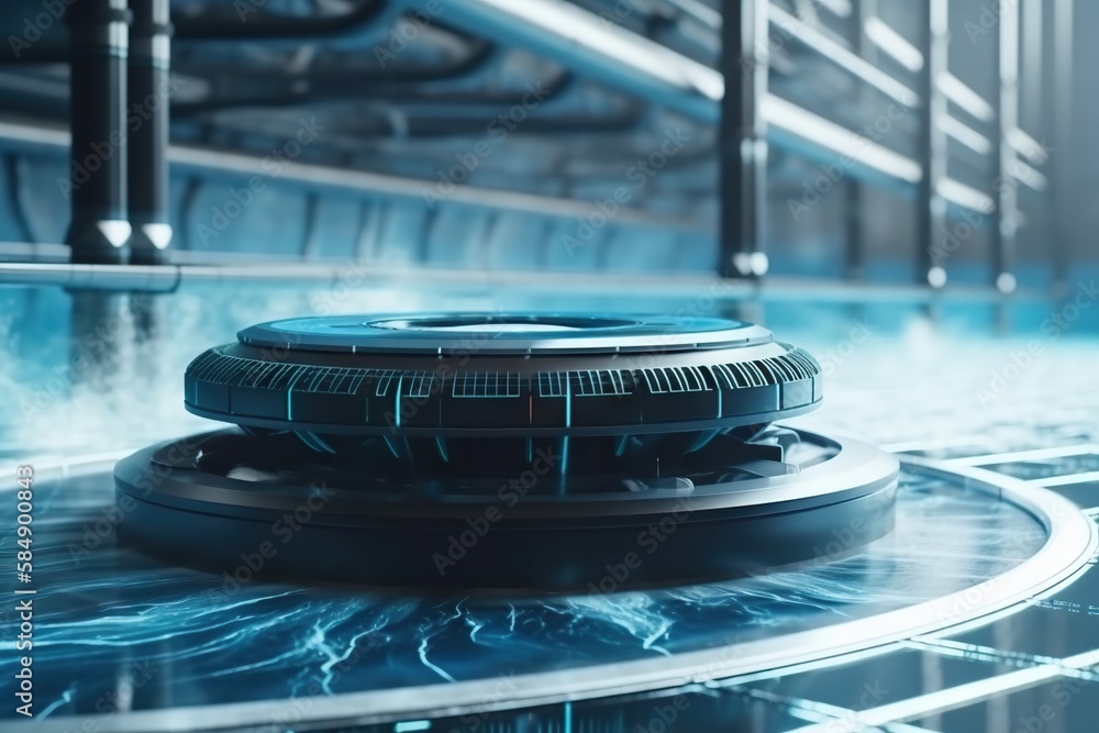 Poster a futuristic looking object with a circular base on a blue surface factory animation motion graphics