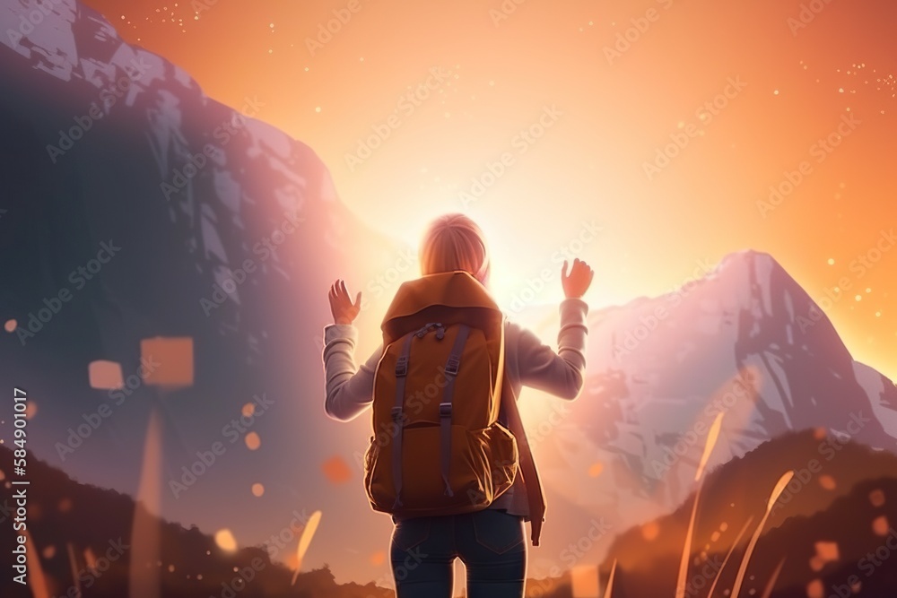 Aufkleber a person with a backpack standing in front of a mountain range mountain pass at sunset animation adv