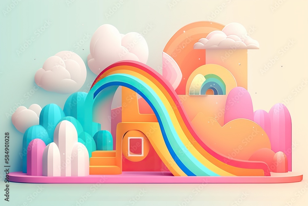 Poster a colorful rainbow slide with clouds and a rainbow in the background amusement park animation motion