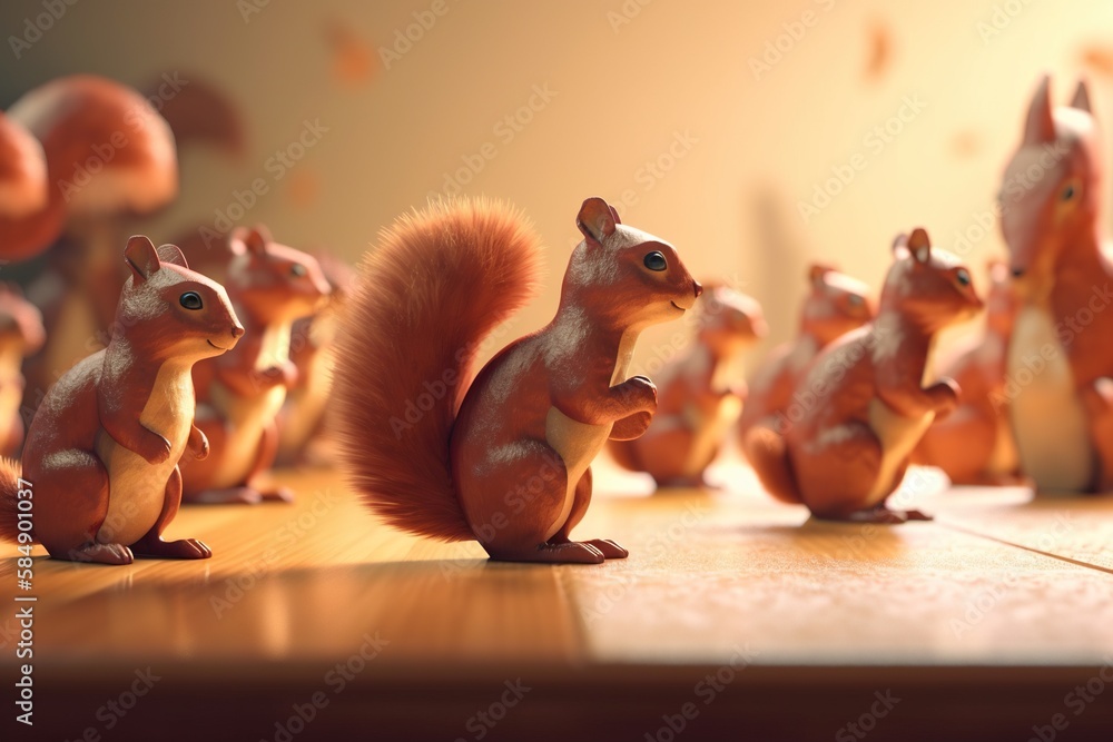 Poster a group of squirrel figurines on a table with a background of other figurines tundra animation anima