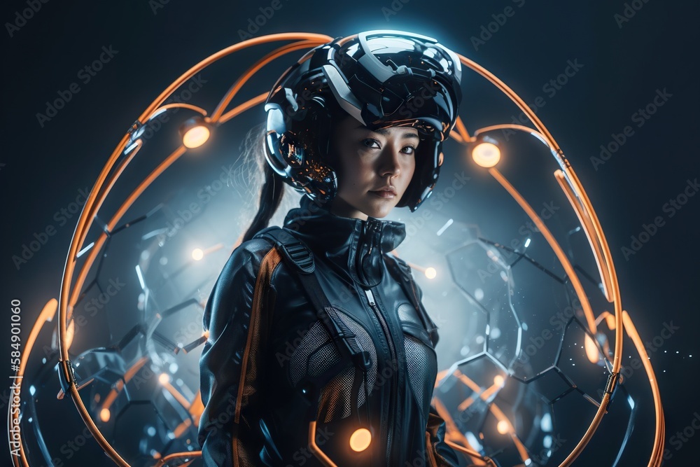 Poster a woman in a futuristic suit and helmet standing in front of a circular object construction site ani