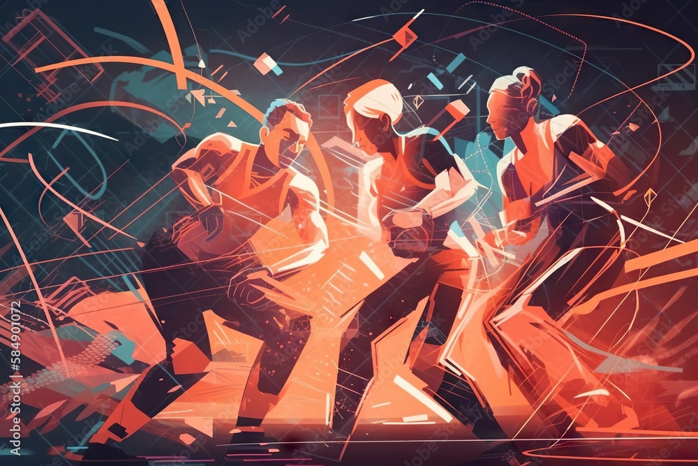 Poster a group of people dancing in a dance pose with a background of lines and shapes boxing gym animation