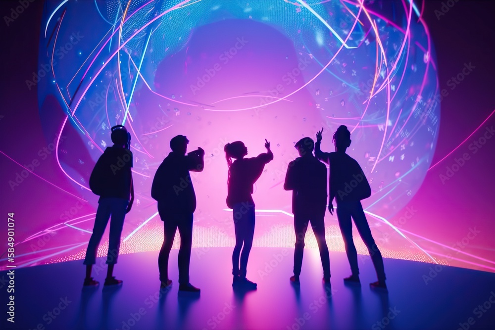 Poster a group of people standing in front of a large object with a neon light science museum stereoscopic 